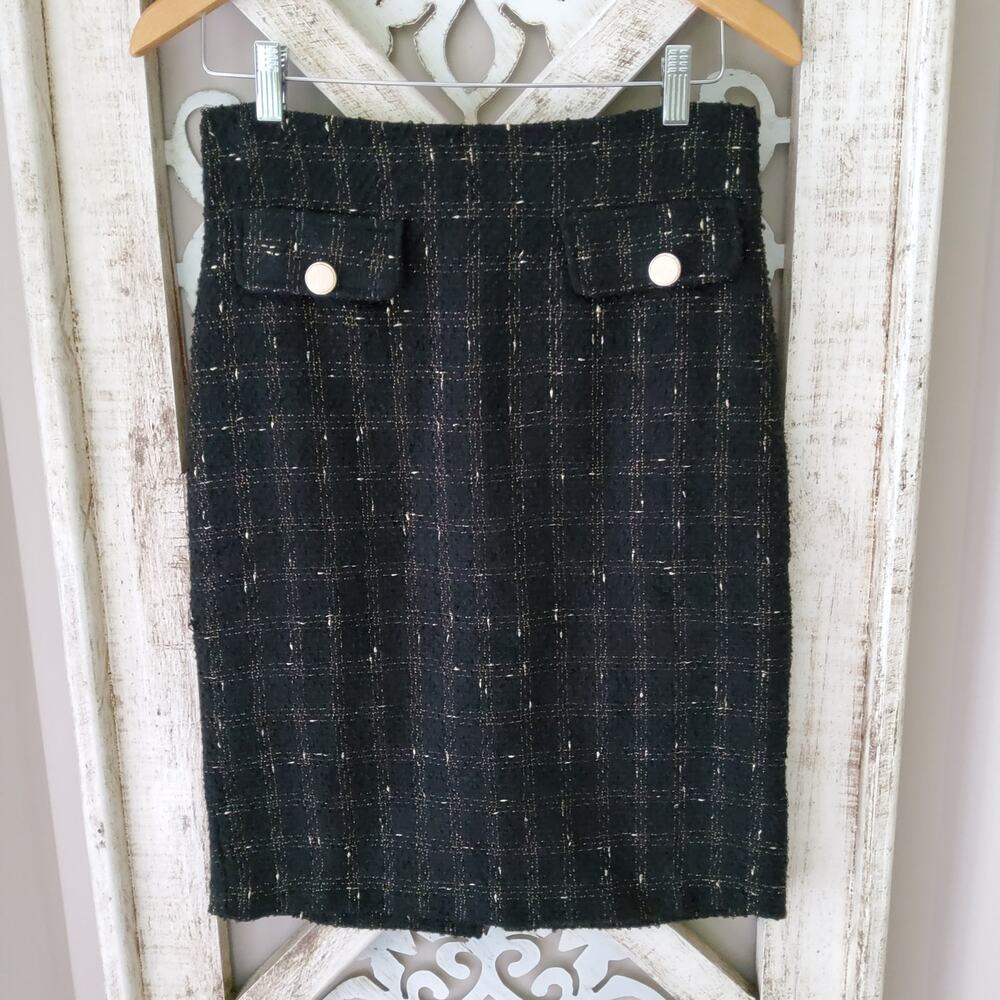Ny Collection Women Slim Knit Knee Length Skirt Jacquard Black & Gold Metallic M